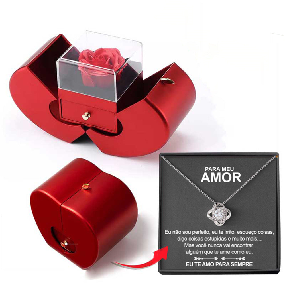 Boîte à bijoux de mode pomme rouge cadeau de noël collier Rose éternelle pour fille fête des mères cadeaux de saint valentin avec fleur artificielle Rose boîte à bijoux de fleur