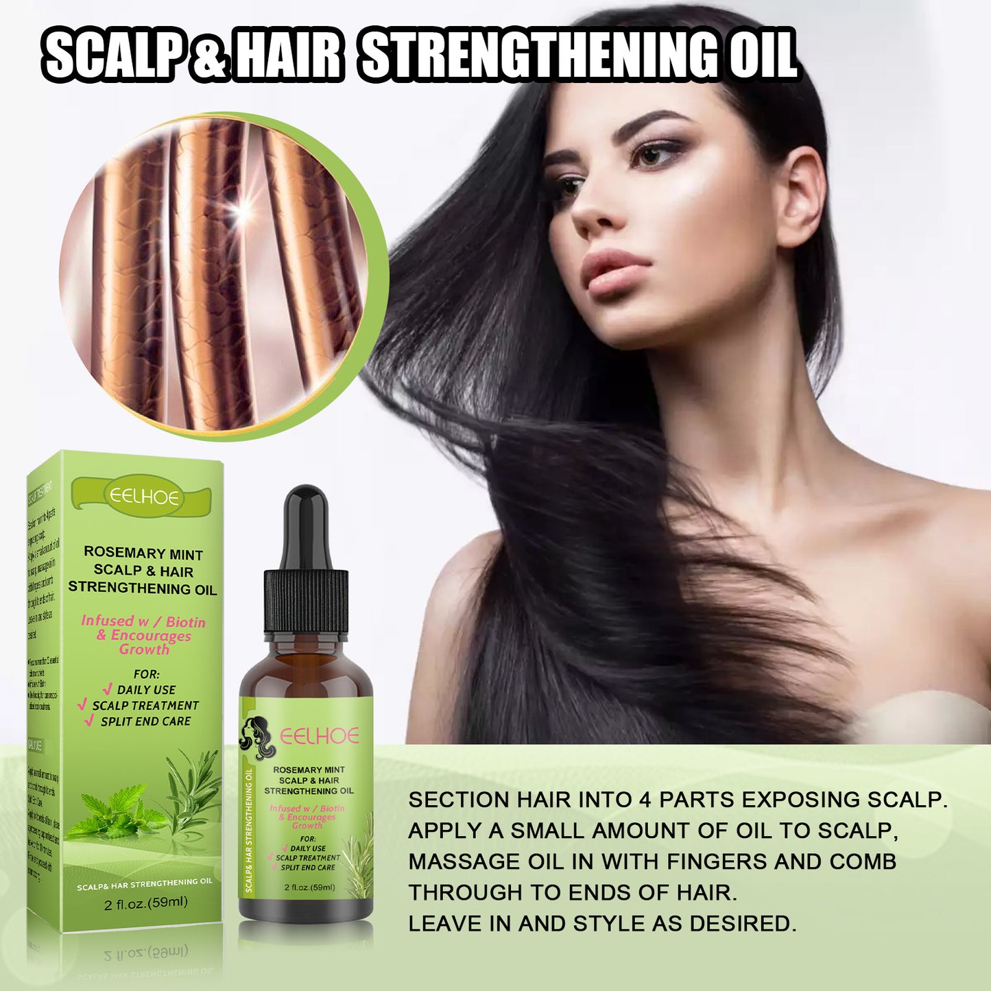 Masaje del cuero cabelludo fluido para el crecimiento del cabello con menta y romero
